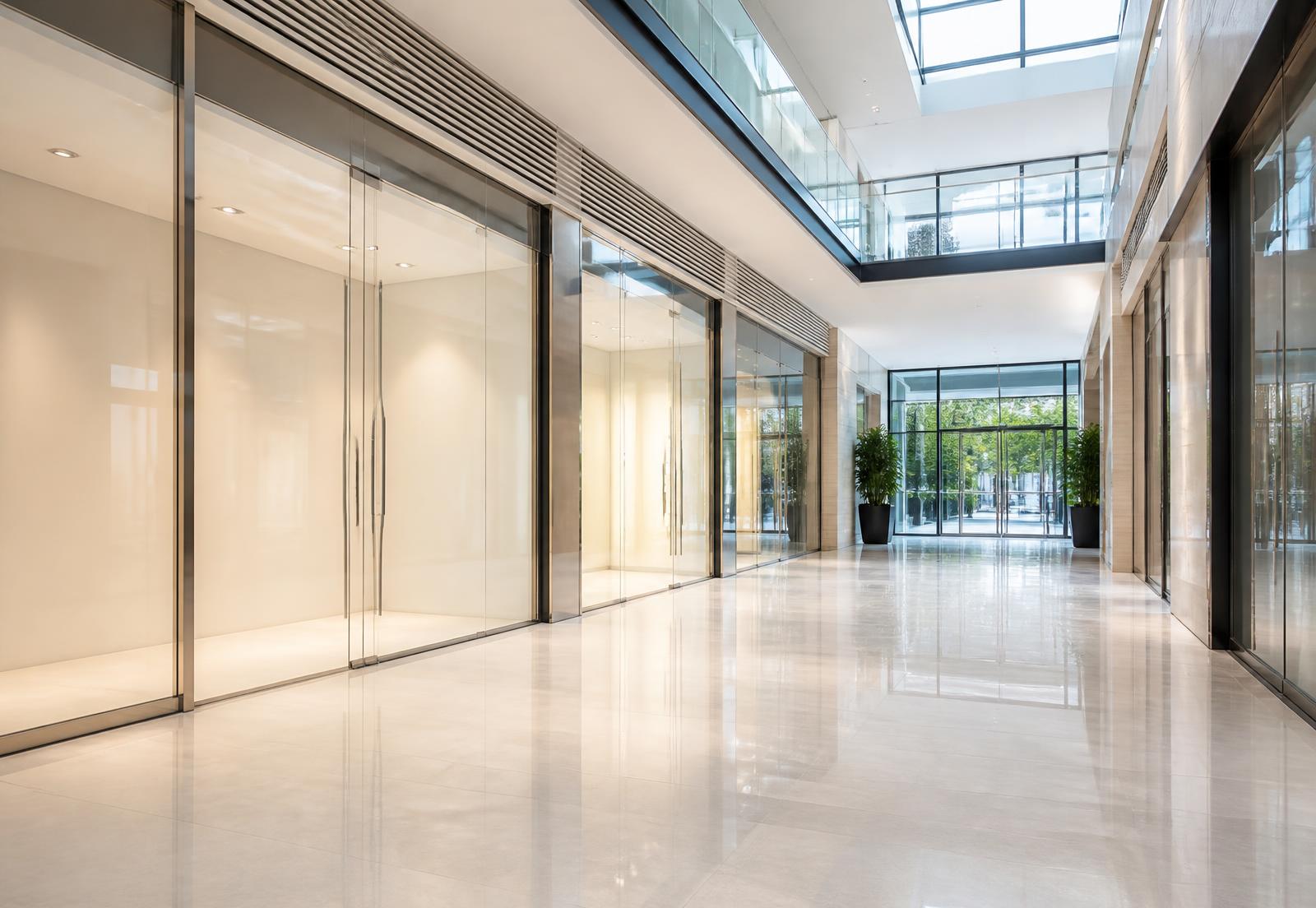Spotless commercial foyer with polished floors