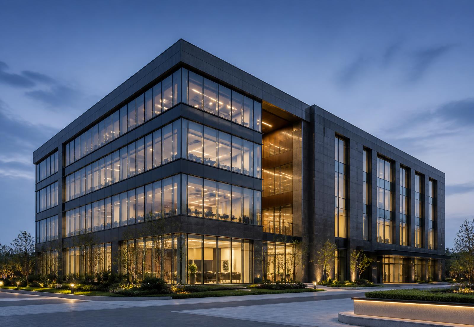 Modern commercial office building at dusk