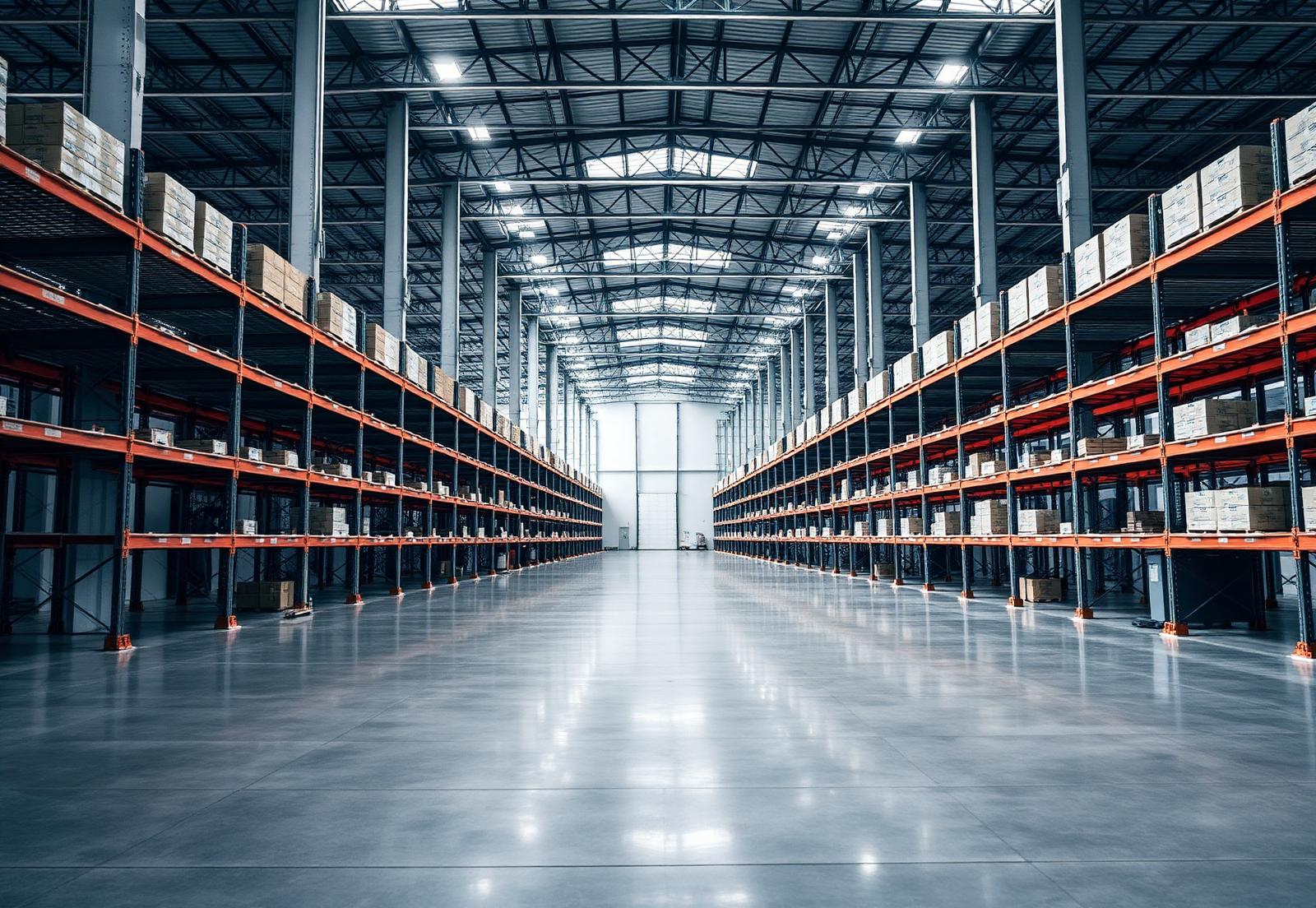 Spotless industrial warehouse interior with polished concrete floor